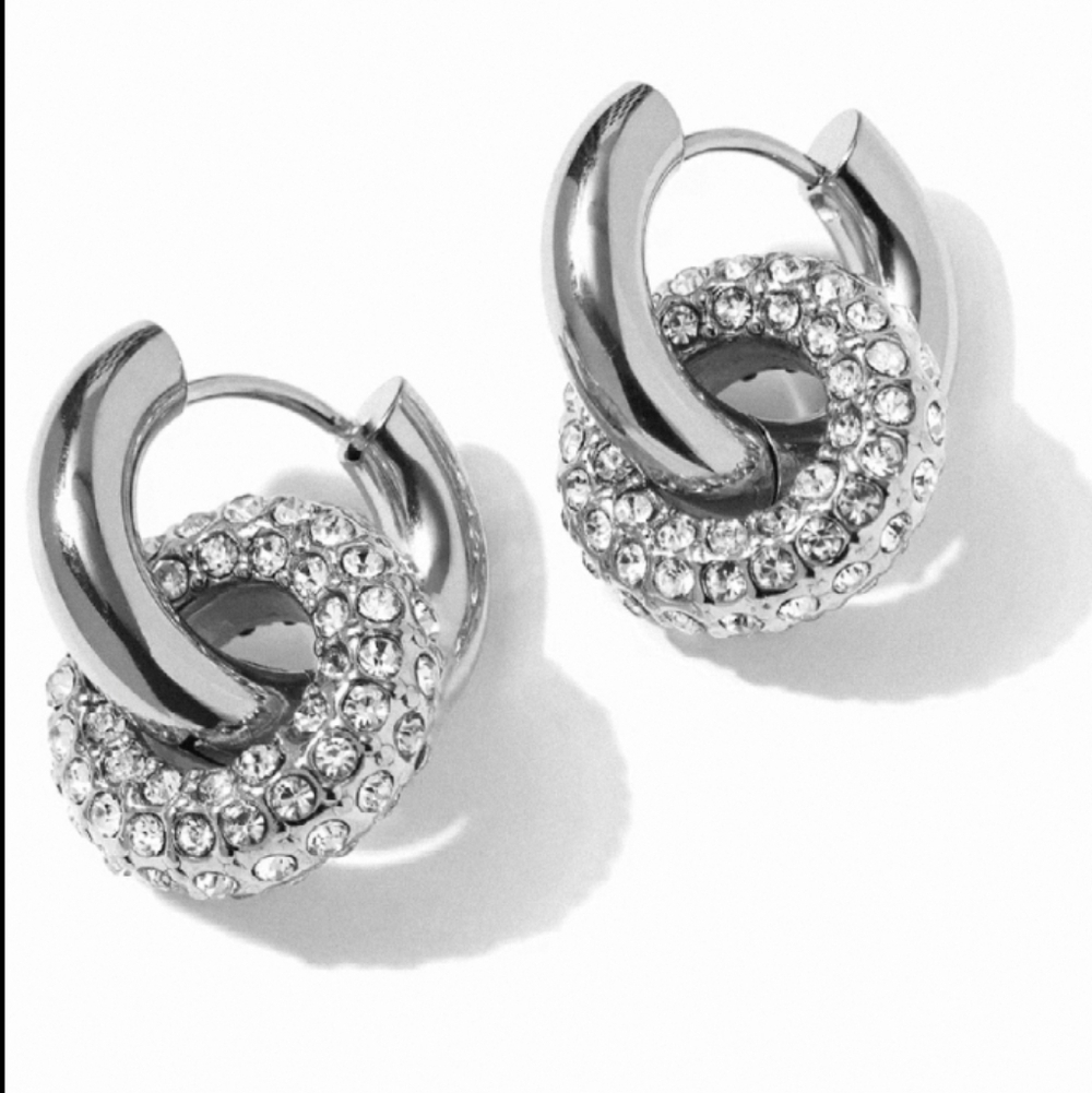 New! Silver Pavé CZ Double Hoop Huggie Earrings | (2010) NWOT